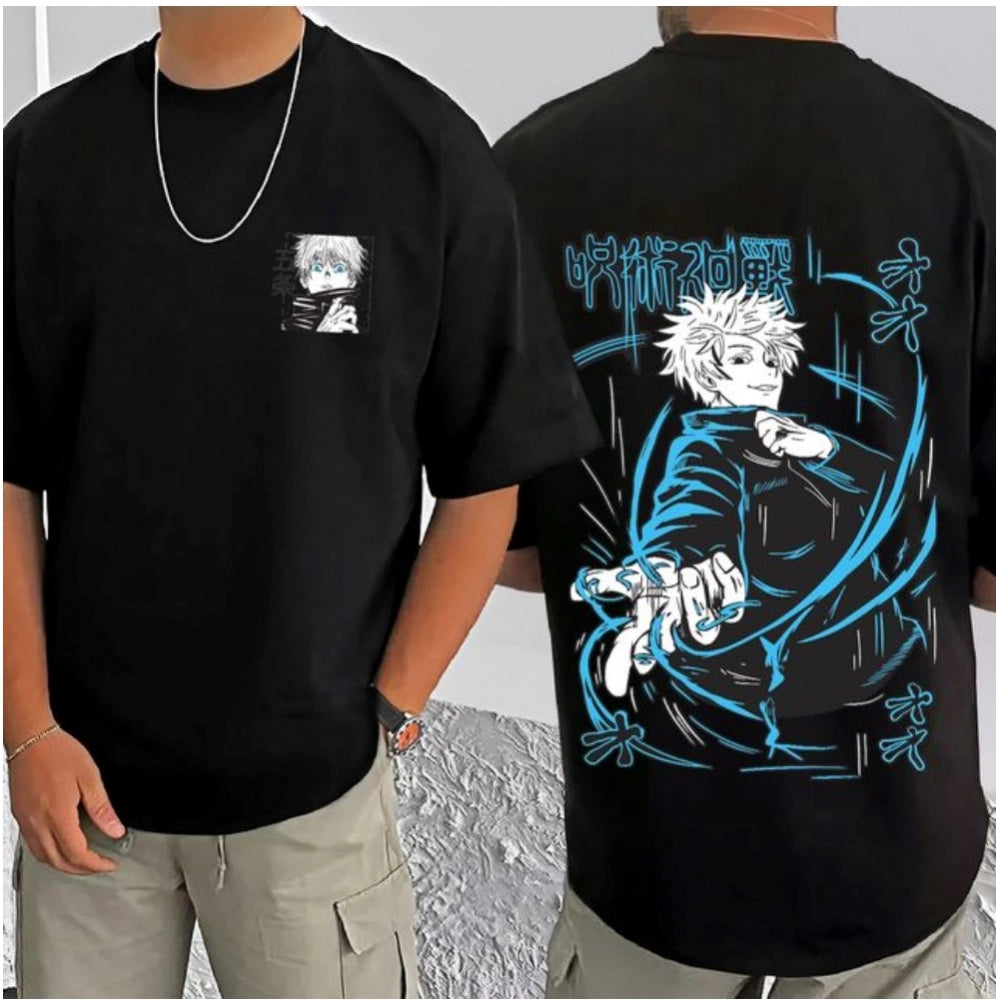 Amfyn Men's Casual Cotton Blend Printed Round Neck Half Sleeve T-Shirt (Black)