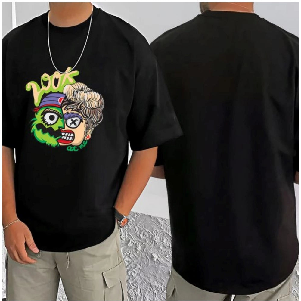 Amfyn Men's Casual Cotton Blend Printed Round Neck Half Sleeve T-Shirt (Black)