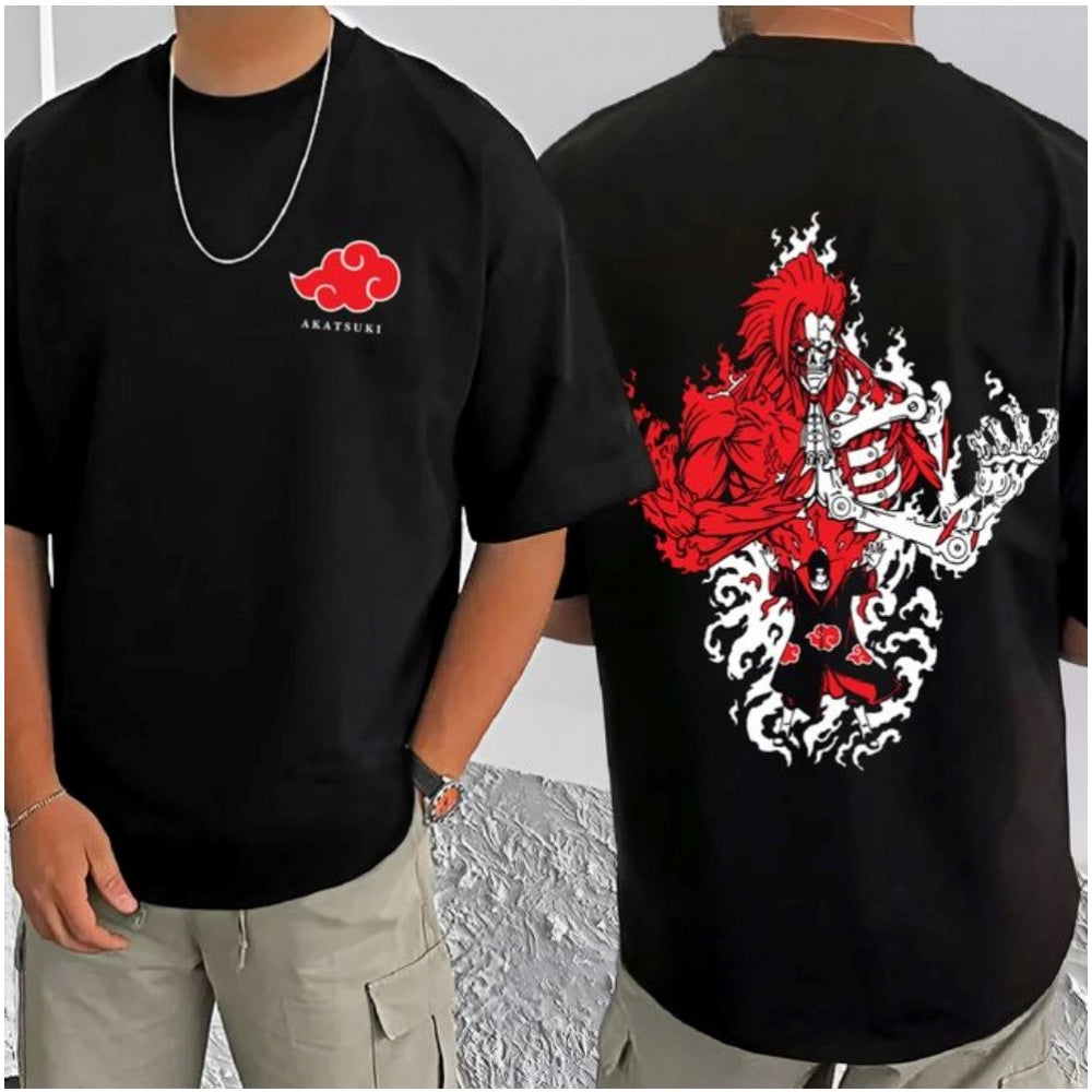 Amfyn Men's Casual Cotton Blend Printed Round Neck Half Sleeve T-Shirt (Black)