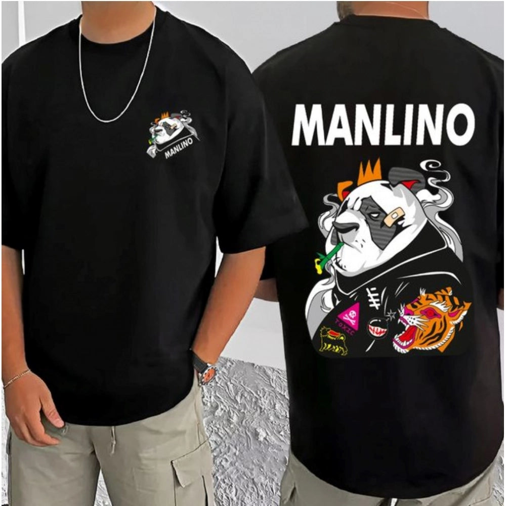 Amfyn Men's Casual Cotton Blend Printed Round Neck Half Sleeve T-Shirt (Black)