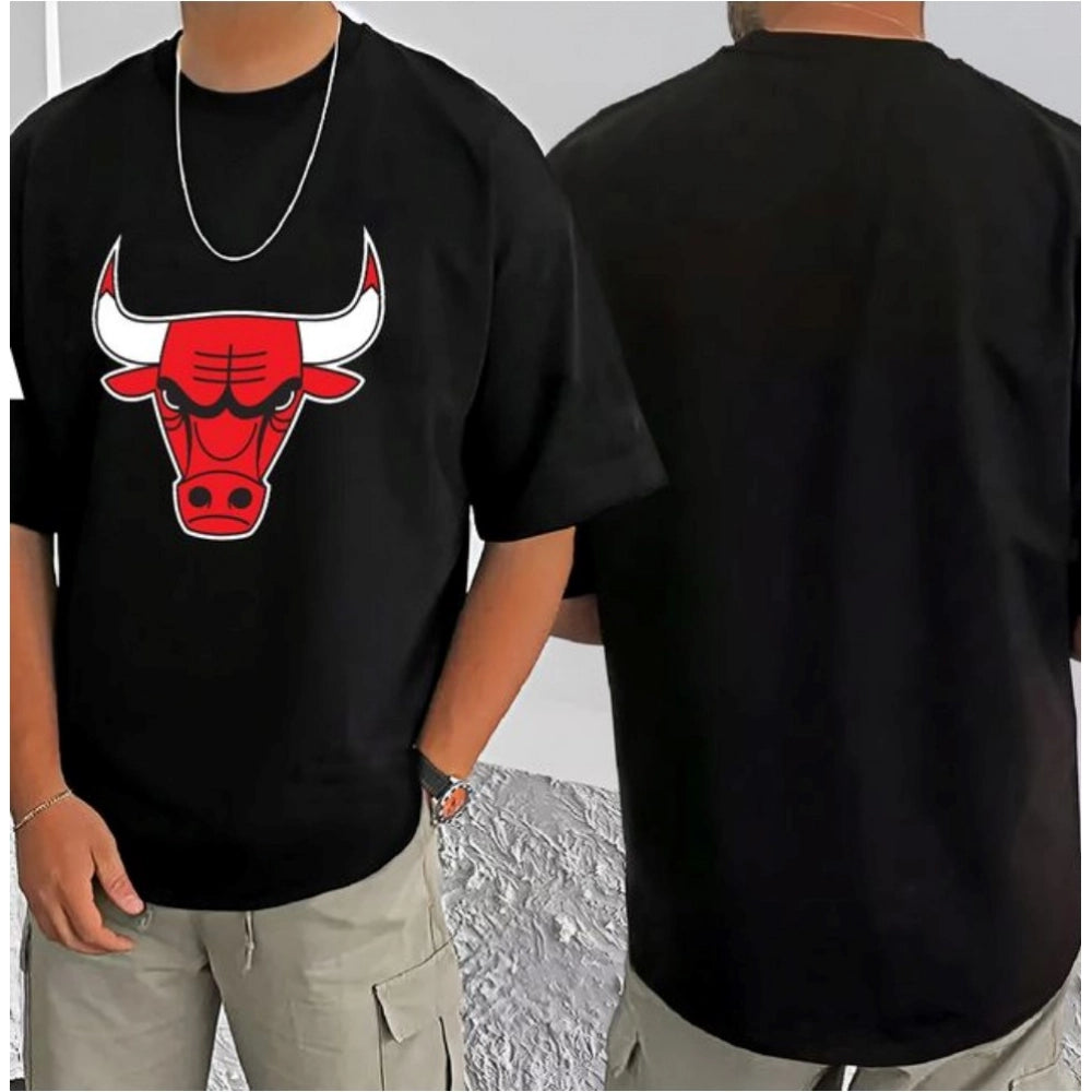 Amfyn Men's Casual Cotton Blend Printed Round Neck Half Sleeve T-Shirt (Black)