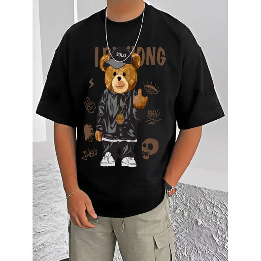 Amfyn Men's Casual Cotton Blend Printed Round Neck Half Sleeve T-Shirt (Black)