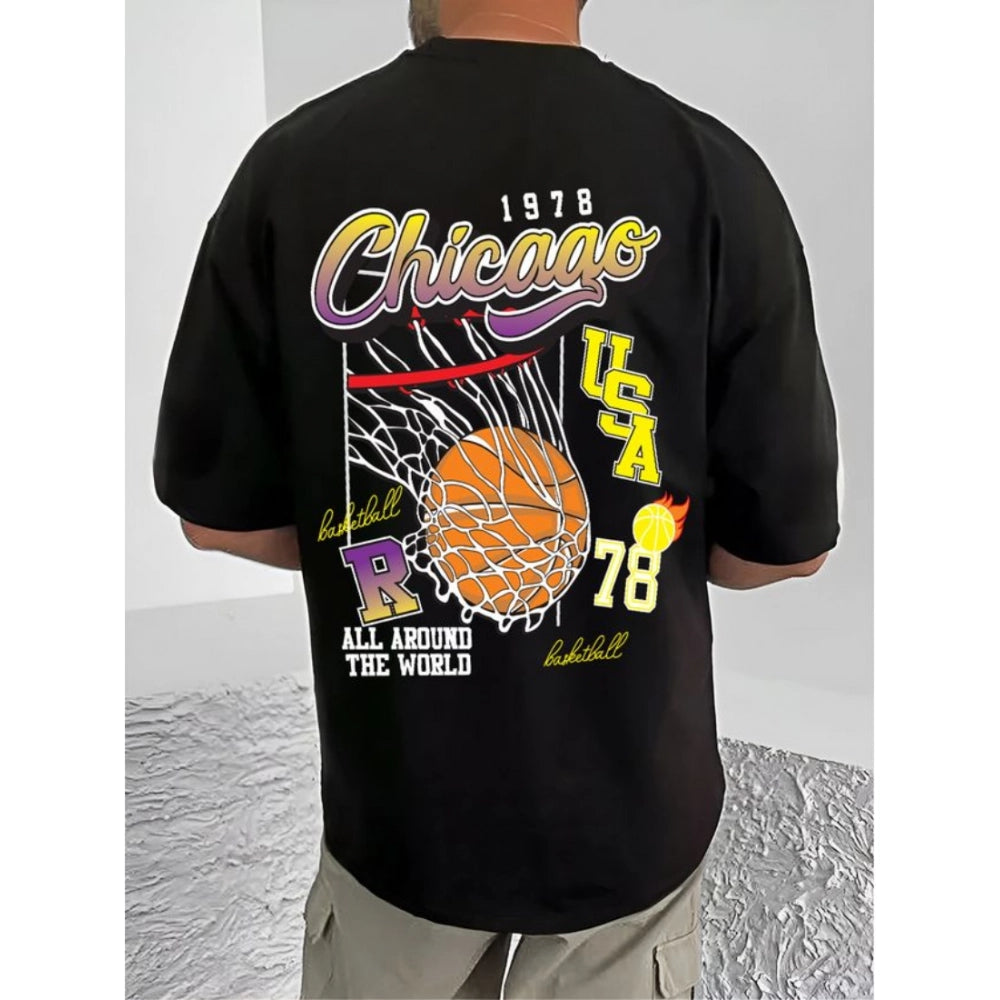 Amfyn Men's Casual Cotton Blend Printed Round Neck Half Sleeve T-Shirt (Black)