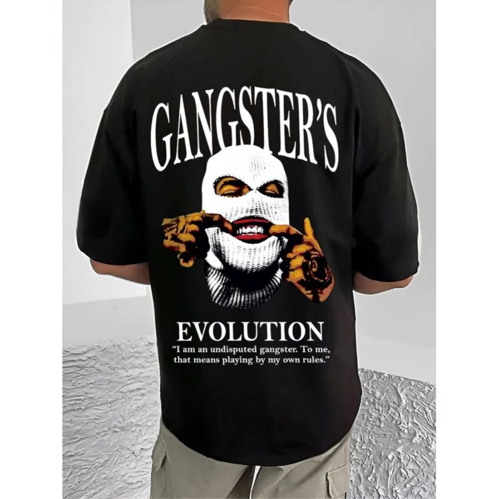 Amfyn Men's Casual Cotton Blend Printed Round Neck Half Sleeve T-Shirt (Black)