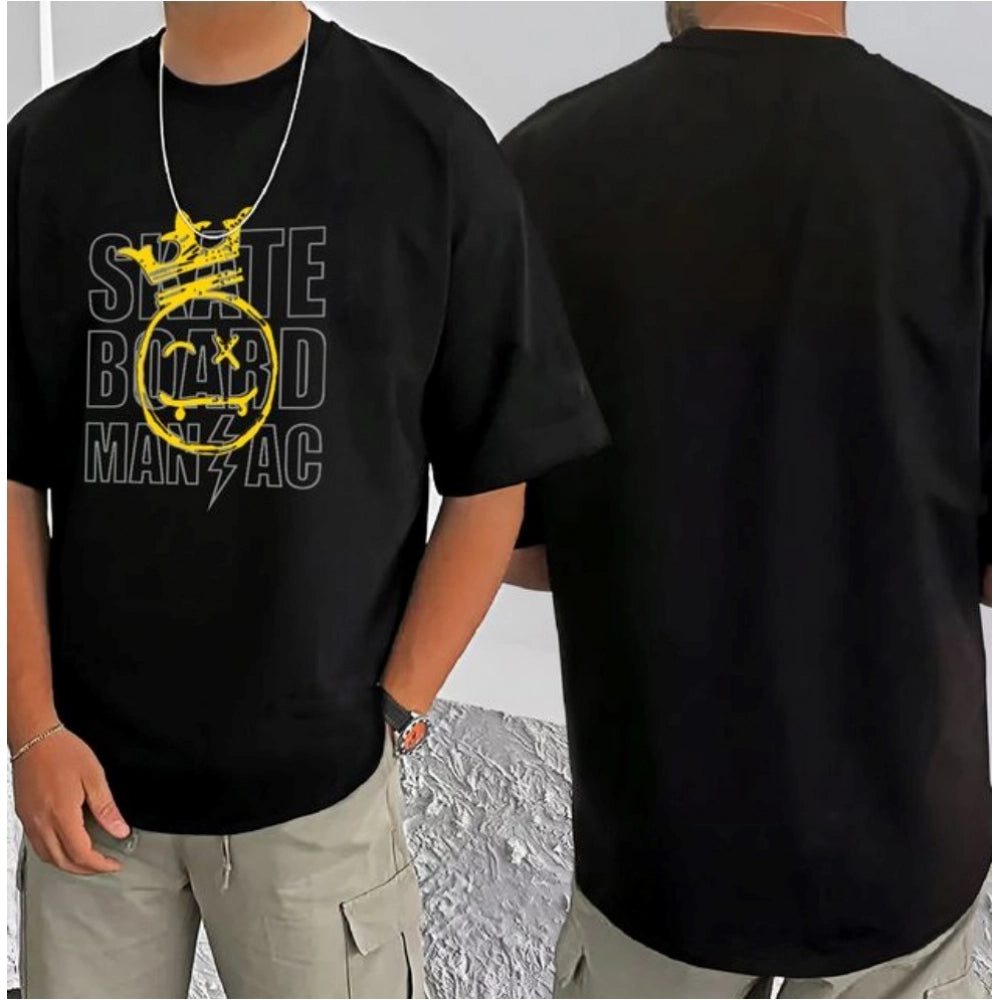 Amfyn Men's Casual Cotton Blend Printed Round Neck Half Sleeve T-Shirt (Black)