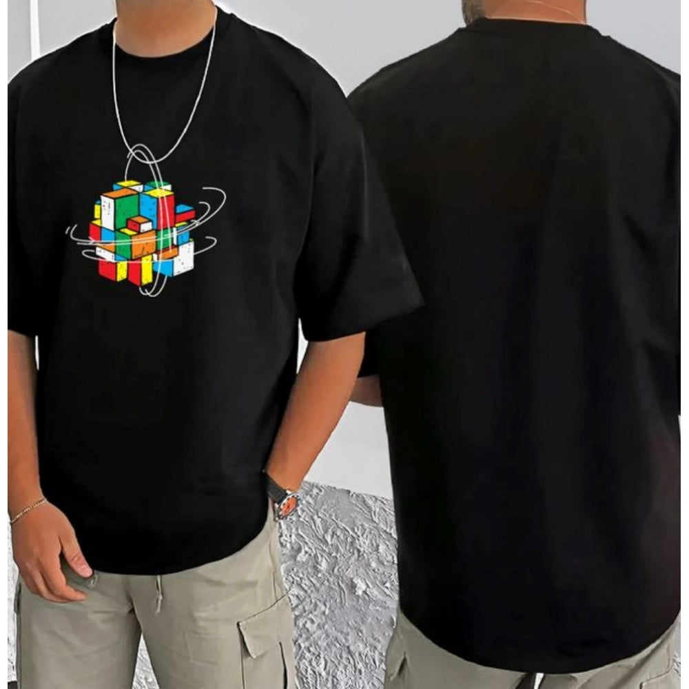 Amfyn Men's Casual Cotton Blend Printed Round Neck Half Sleeve T-Shirt (Black)