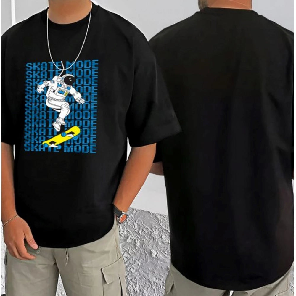 Amfyn Men's Casual Cotton Blend Printed Round Neck Half Sleeve T-Shirt (Black)