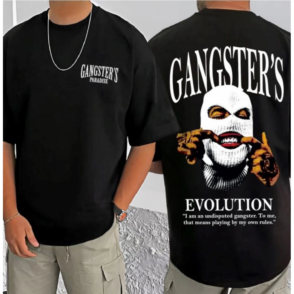 Amfyn Men's Casual Cotton Blend Printed Round Neck Half Sleeve T-Shirt (Black)