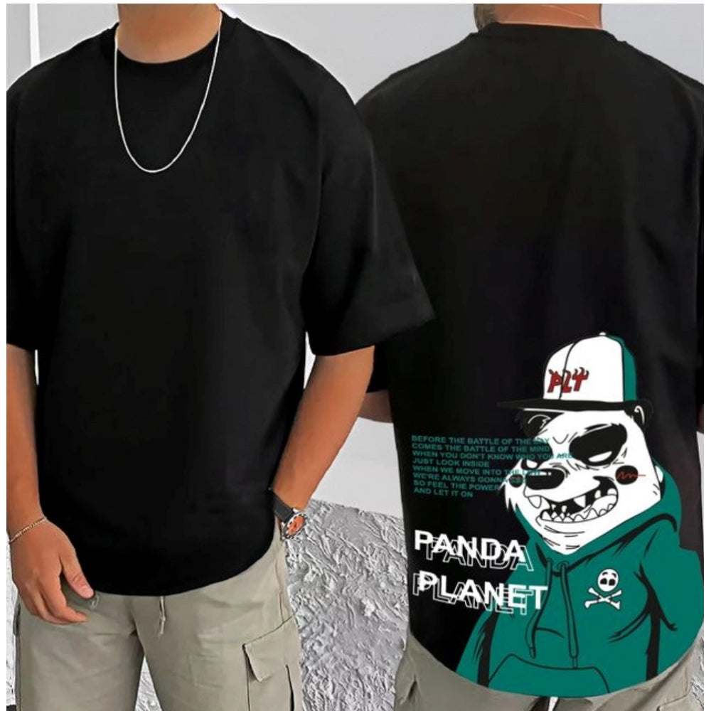 Amfyn Men's Casual Cotton Blend Printed Round Neck Half Sleeve T-Shirt (Black)