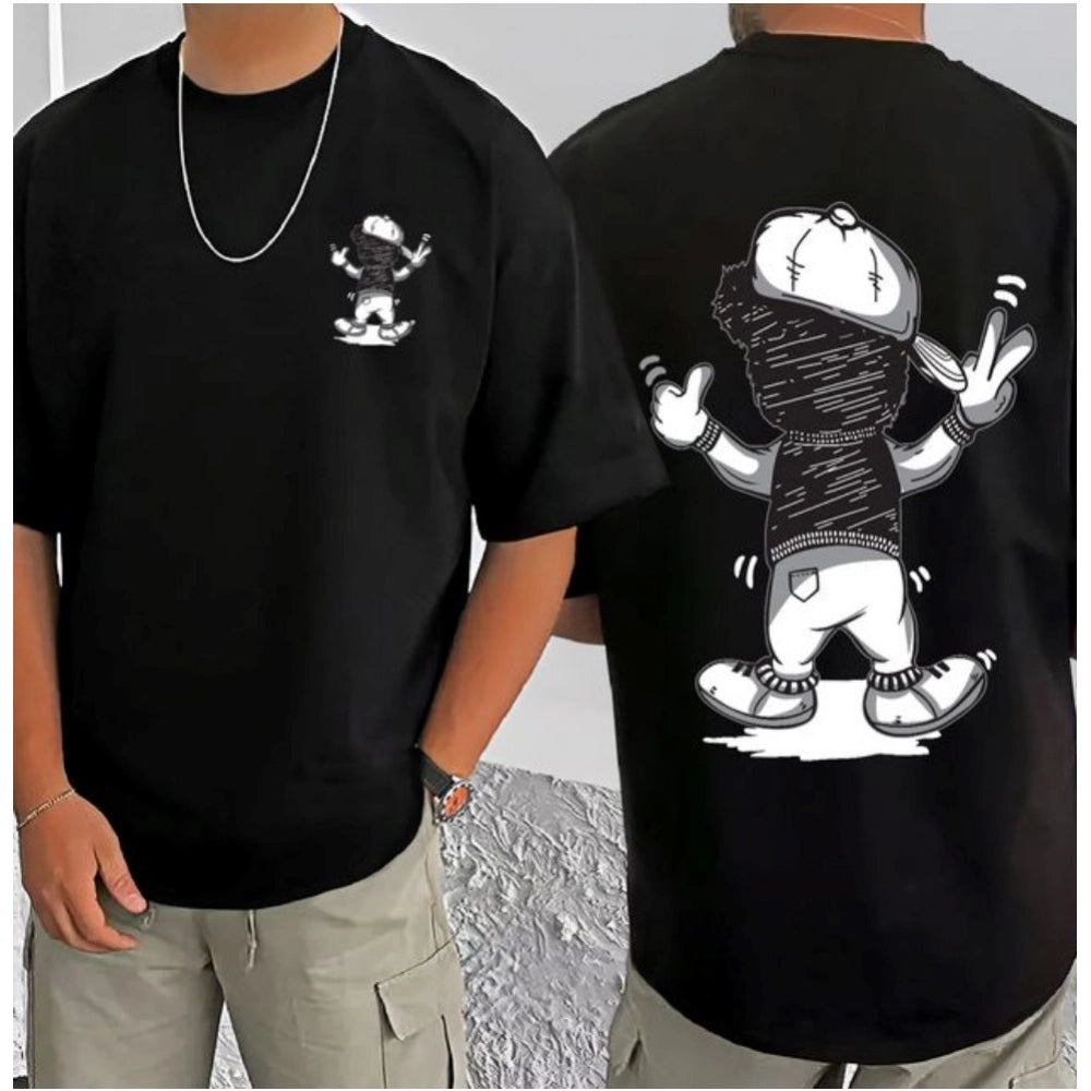 Amfyn Men's Casual Cotton Blend Printed Round Neck Half Sleeve T-Shirt (Black)