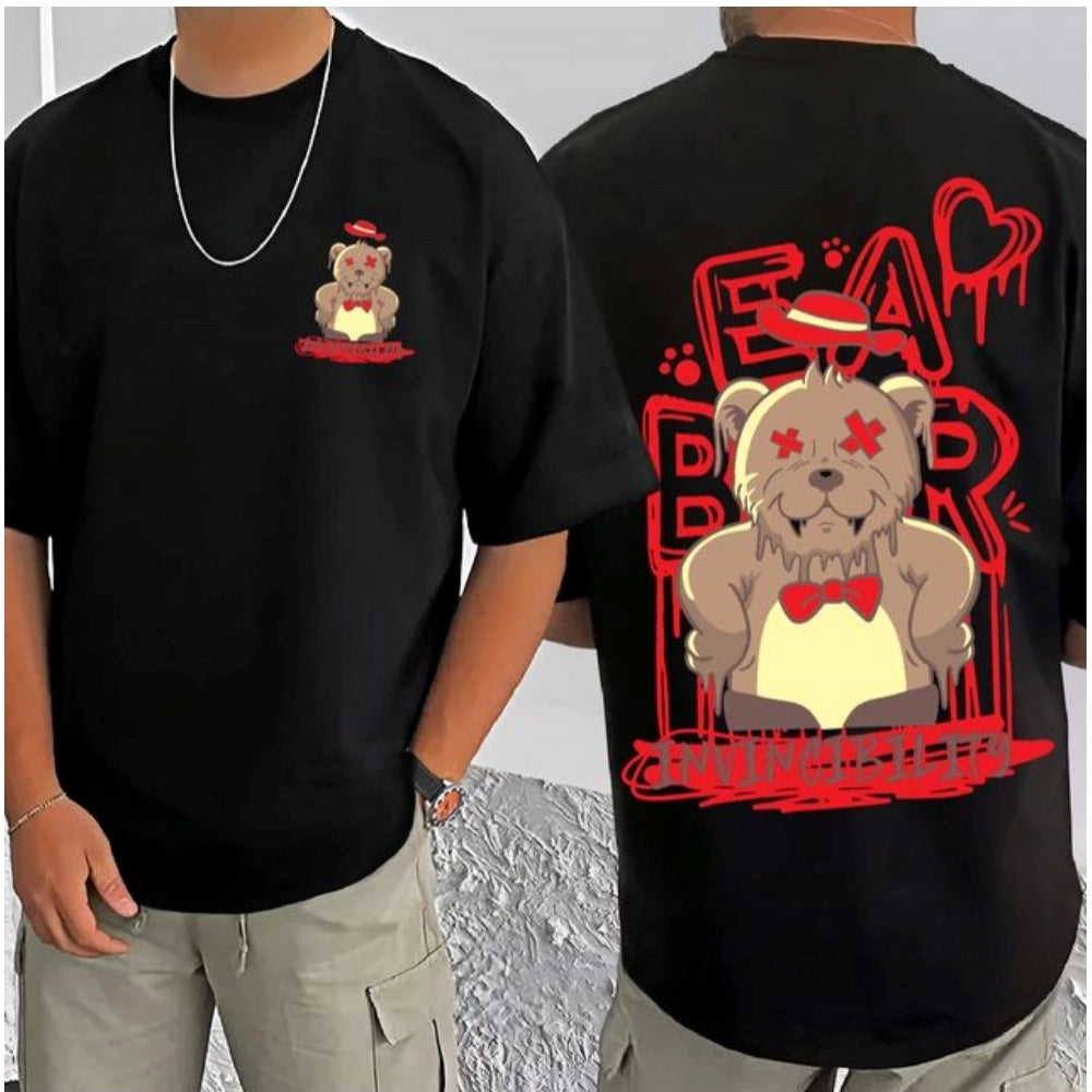 Amfyn Men's Casual Cotton Blend Printed Round Neck Half Sleeve T-Shirt (Black)