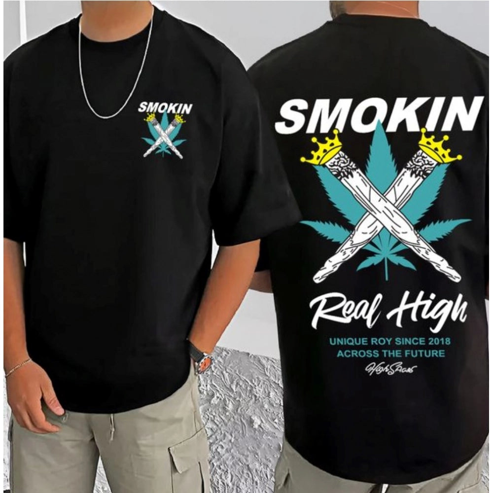 Amfyn Men's Casual Cotton Blend Printed Round Neck Half Sleeve T-Shirt (Black)