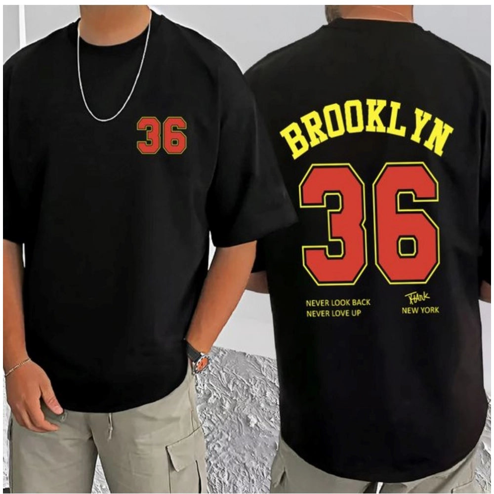 Amfyn Men's Casual Cotton Blend Printed Round Neck Half Sleeve T-Shirt (Black)