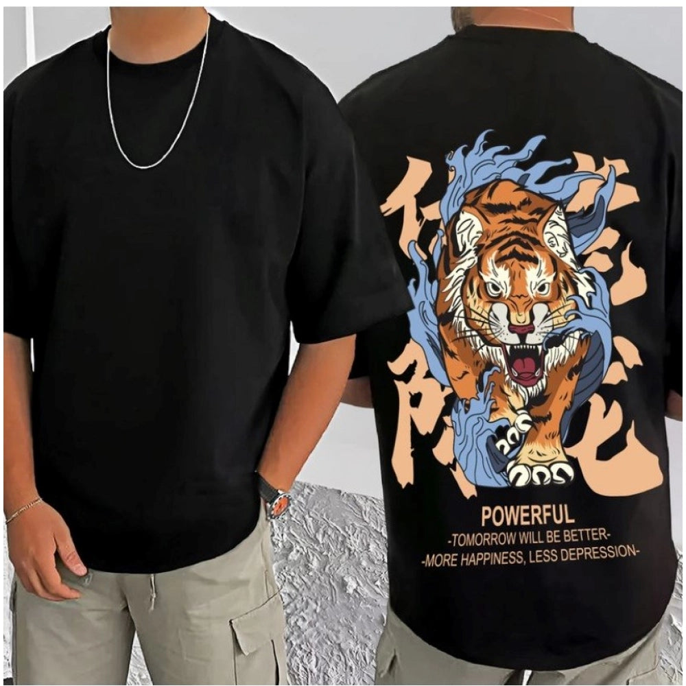 Amfyn Men's Casual Cotton Blend Printed Round Neck Half Sleeve T-Shirt (Black)