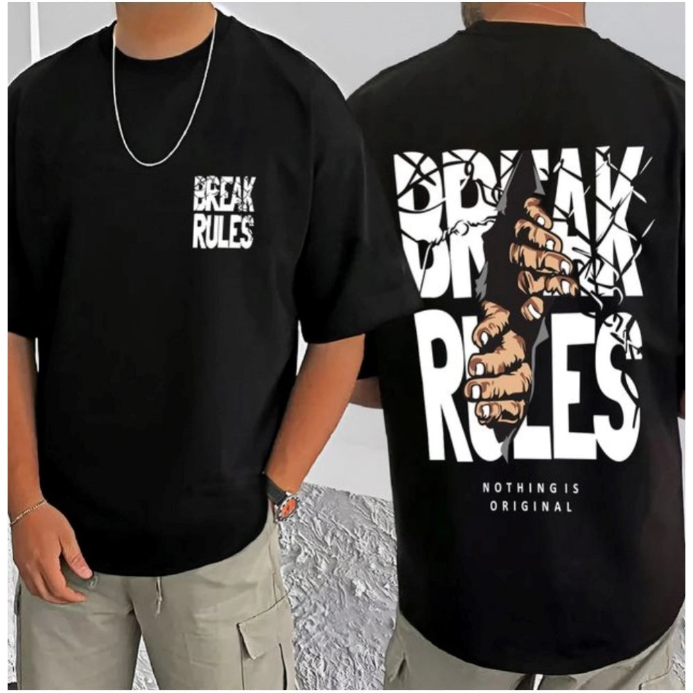 Amfyn Men's Casual Cotton Blend Printed Round Neck Half Sleeve T-Shirt (Black)