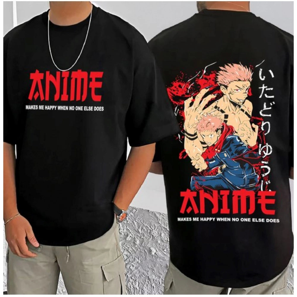 Amfyn Men's Casual Cotton Blend Printed Round Neck Half Sleeve T-Shirt (Black)