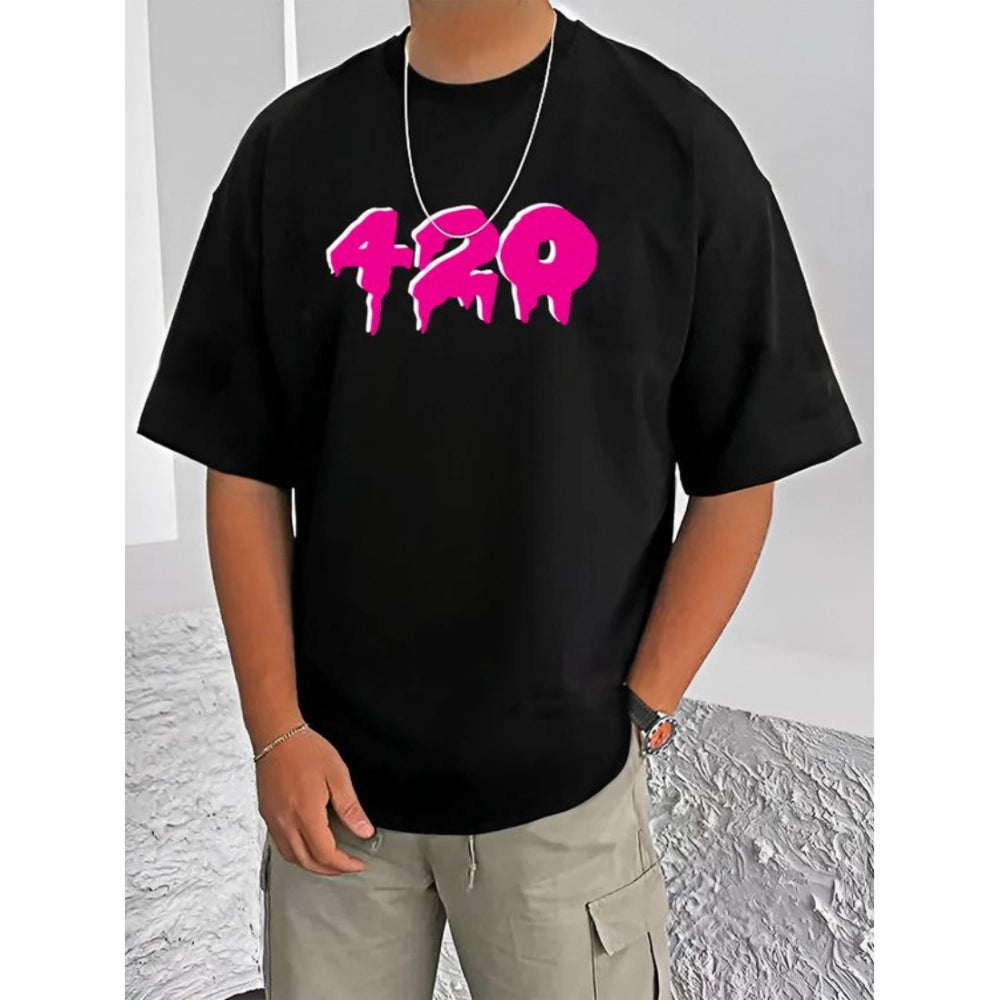 Amfyn Men's Casual Cotton Blend Printed Round Neck Half Sleeve T-Shirt (Black)