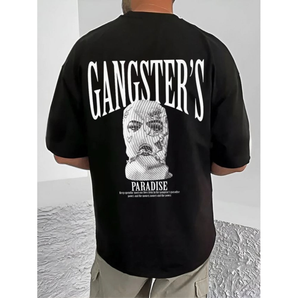 Amfyn Men's Casual Cotton Blend Printed Round Neck Half Sleeve T-Shirt (Black)