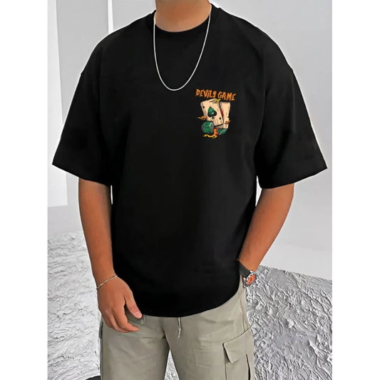 Amfyn Men's Casual Cotton Blend Printed Round Neck Half Sleeve T-Shirt (Black)