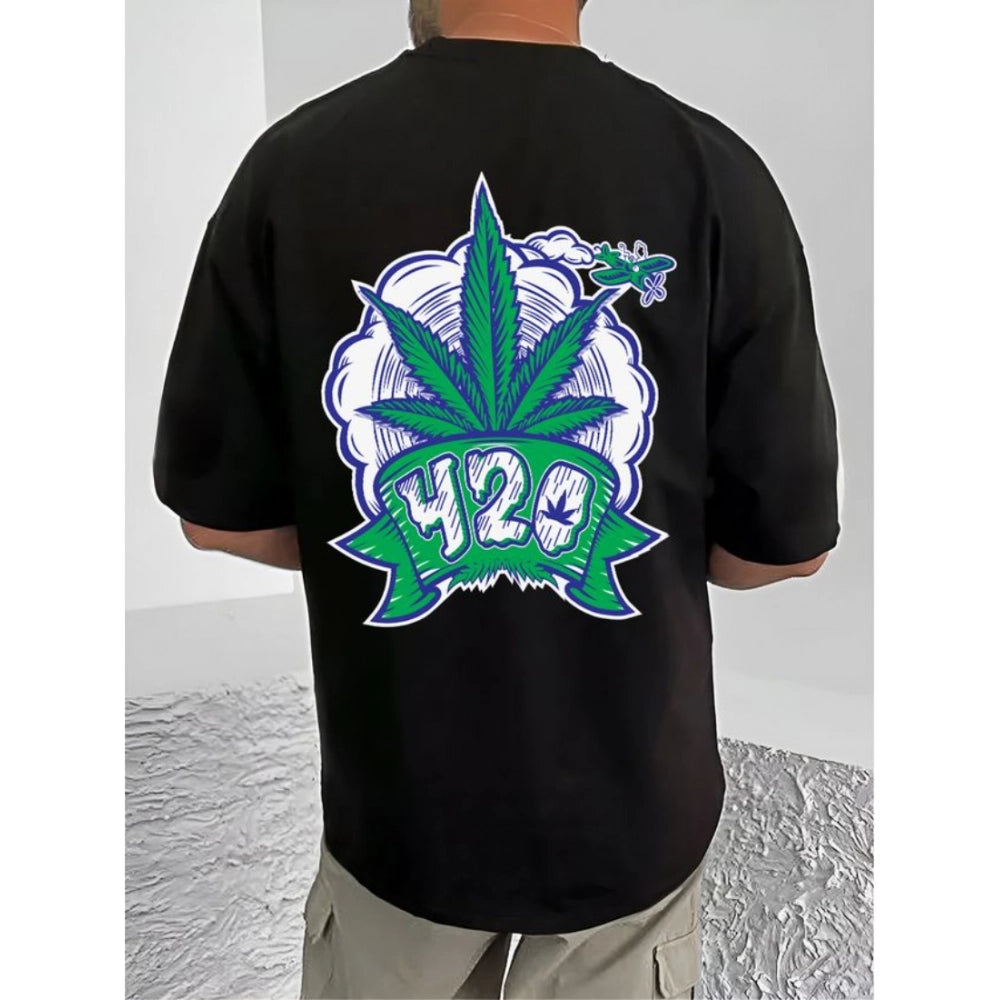 Amfyn Men's Casual Cotton Blend Printed Round Neck Half Sleeve T-Shirt (Black)