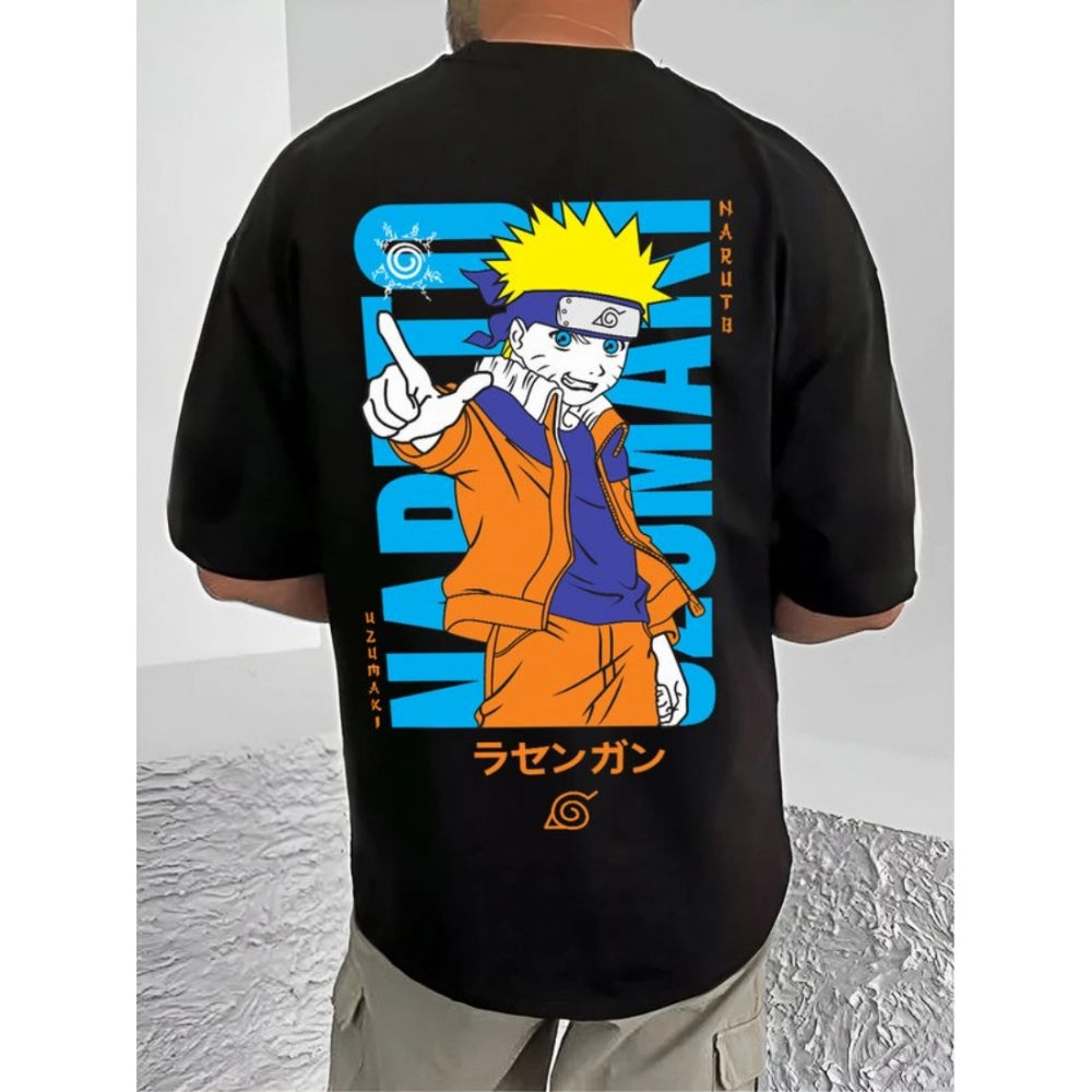 Amfyn Men's Casual Cotton Blend Printed Round Neck Half Sleeve T-Shirt (Black)