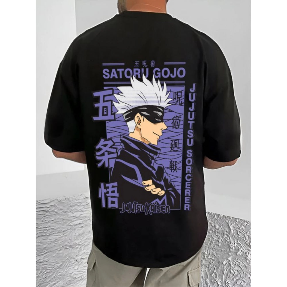 Amfyn Men's Casual Cotton Blend Printed Round Neck Half Sleeve T-Shirt (Black)