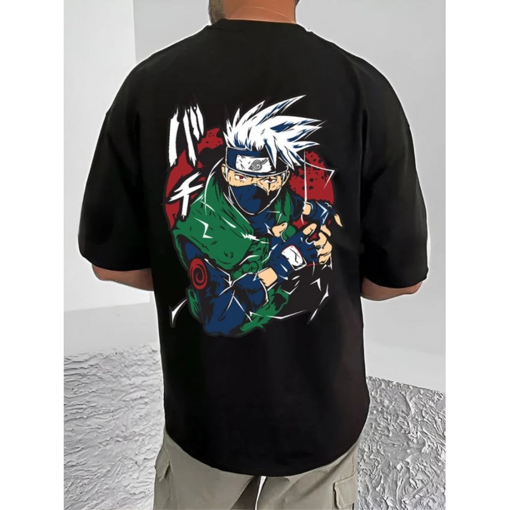 Amfyn Men's Casual Cotton Blend Printed Round Neck Half Sleeve T-Shirt (Black)