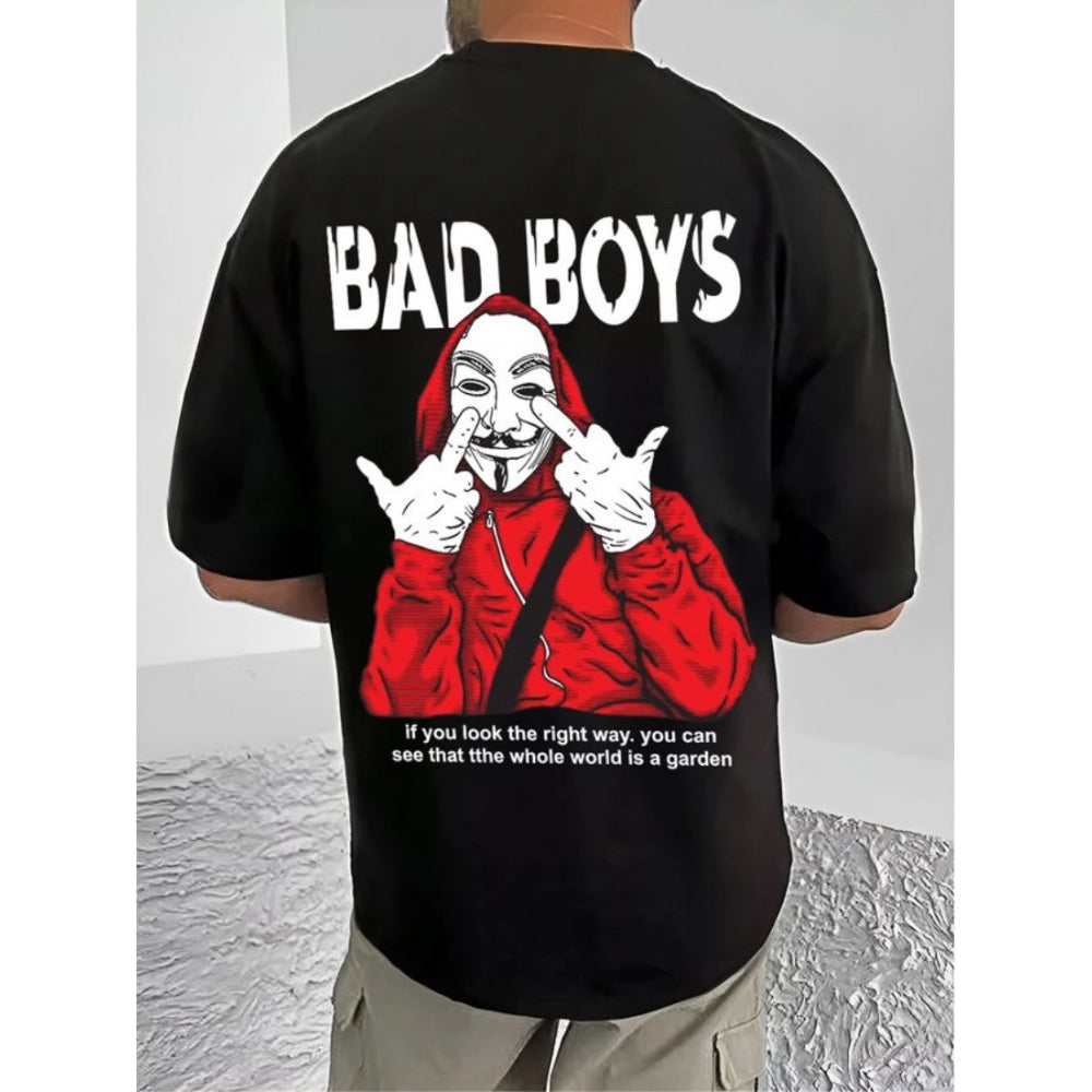 Amfyn Men's Casual Cotton Blend Printed Round Neck Half Sleeve T-Shirt (Black)