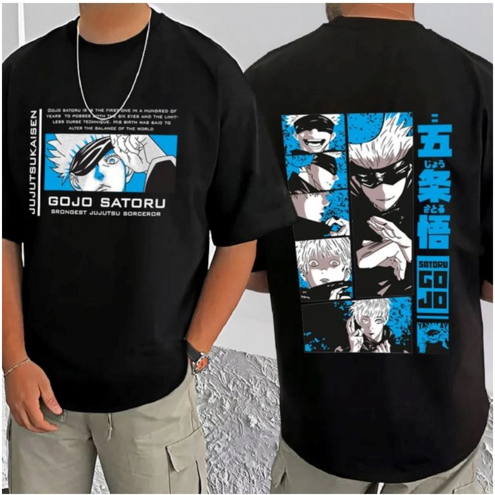 Amfyn Men's Casual Cotton Blend Printed Round Neck Half Sleeve T-Shirt (Black)