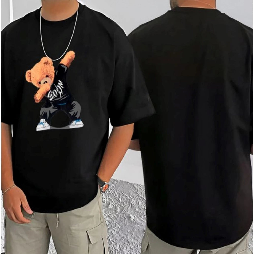 Amfyn Men's Casual Cotton Blend Printed Round Neck Half Sleeve T-Shirt (Black)