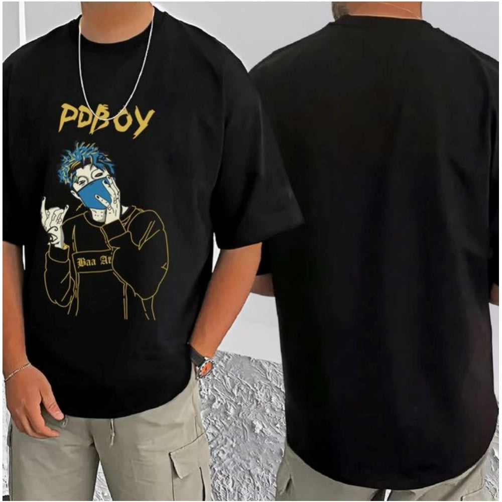 Amfyn Men's Casual Cotton Blend Printed Round Neck Half Sleeve T-Shirt (Black)