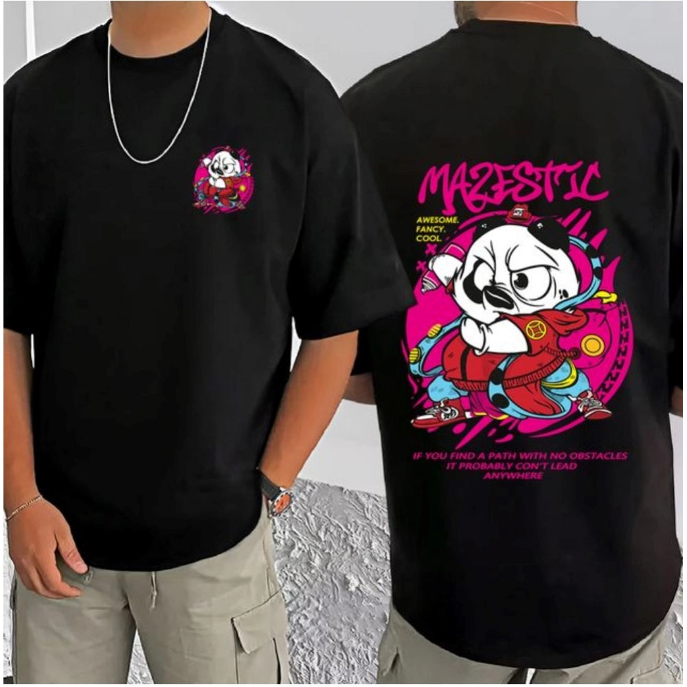 Amfyn Men's Casual Cotton Blend Printed Round Neck Half Sleeve T-Shirt (Black)