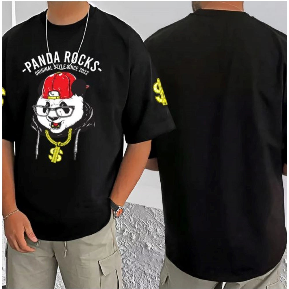 Amfyn Men's Casual Cotton Blend Printed Round Neck Half Sleeve T-Shirt (Black)