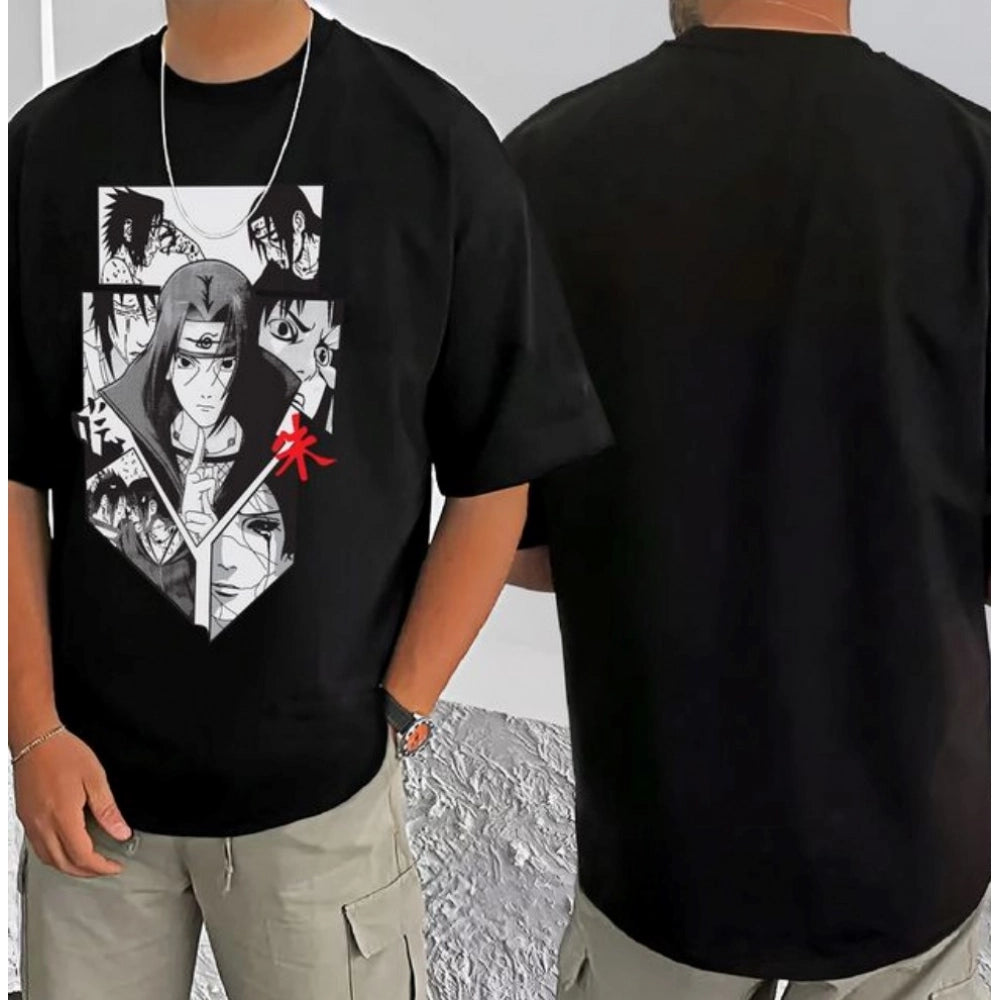 Amfyn Men's Casual Cotton Blend Printed Round Neck Half Sleeve T-Shirt (Black)