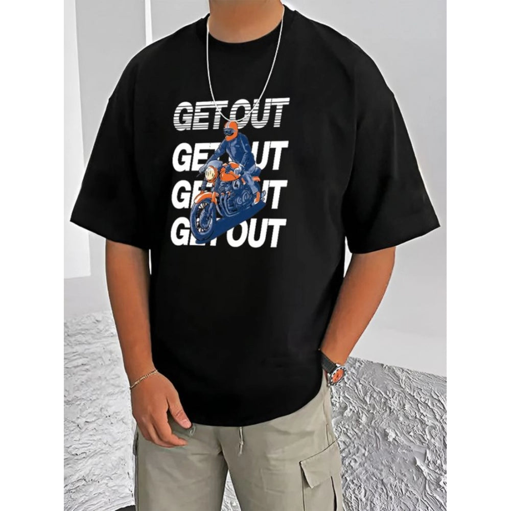 Amfyn Men's Casual Cotton Blend Printed Round Neck Half Sleeve T-Shirt (Black)