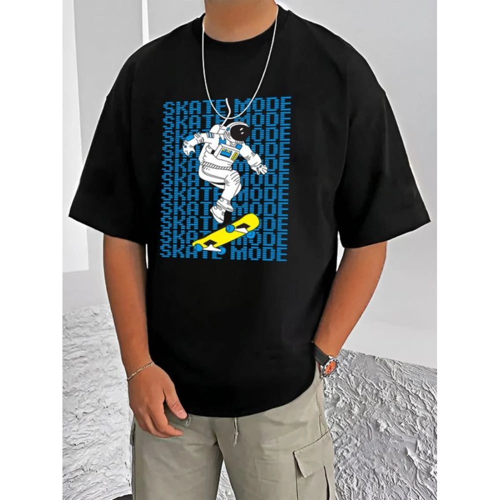 Amfyn Men's Casual Cotton Blend Printed Round Neck Half Sleeve T-Shirt (Black)