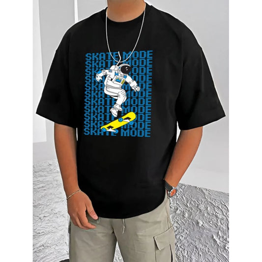 Amfyn Men's Casual Cotton Blend Printed Round Neck Half Sleeve T-Shirt (Black)