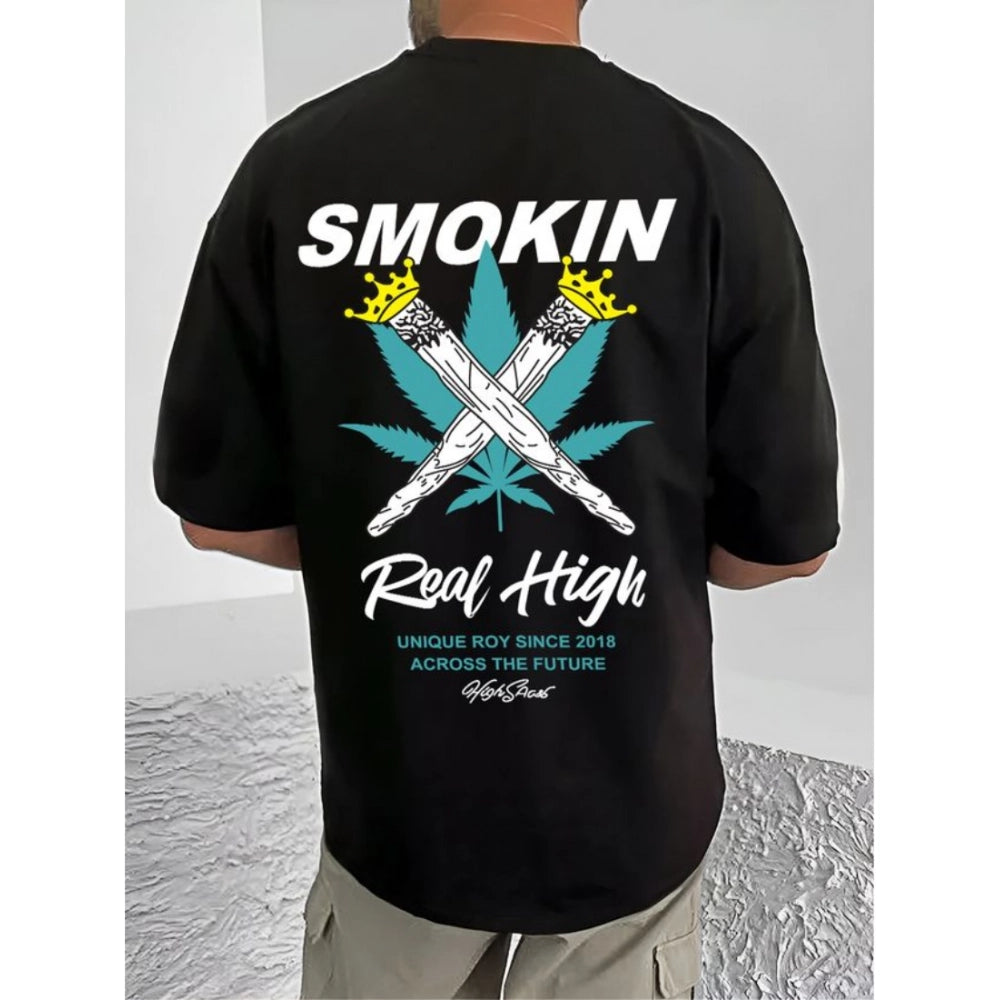 Amfyn Men's Casual Cotton Blend Printed Round Neck Half Sleeve T-Shirt (Black)