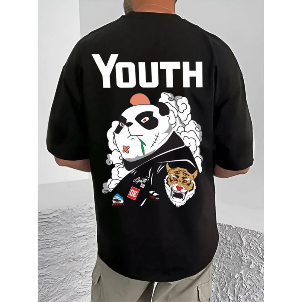 Amfyn Men's Casual Cotton Blend Printed Round Neck Half Sleeve T-Shirt (Black)