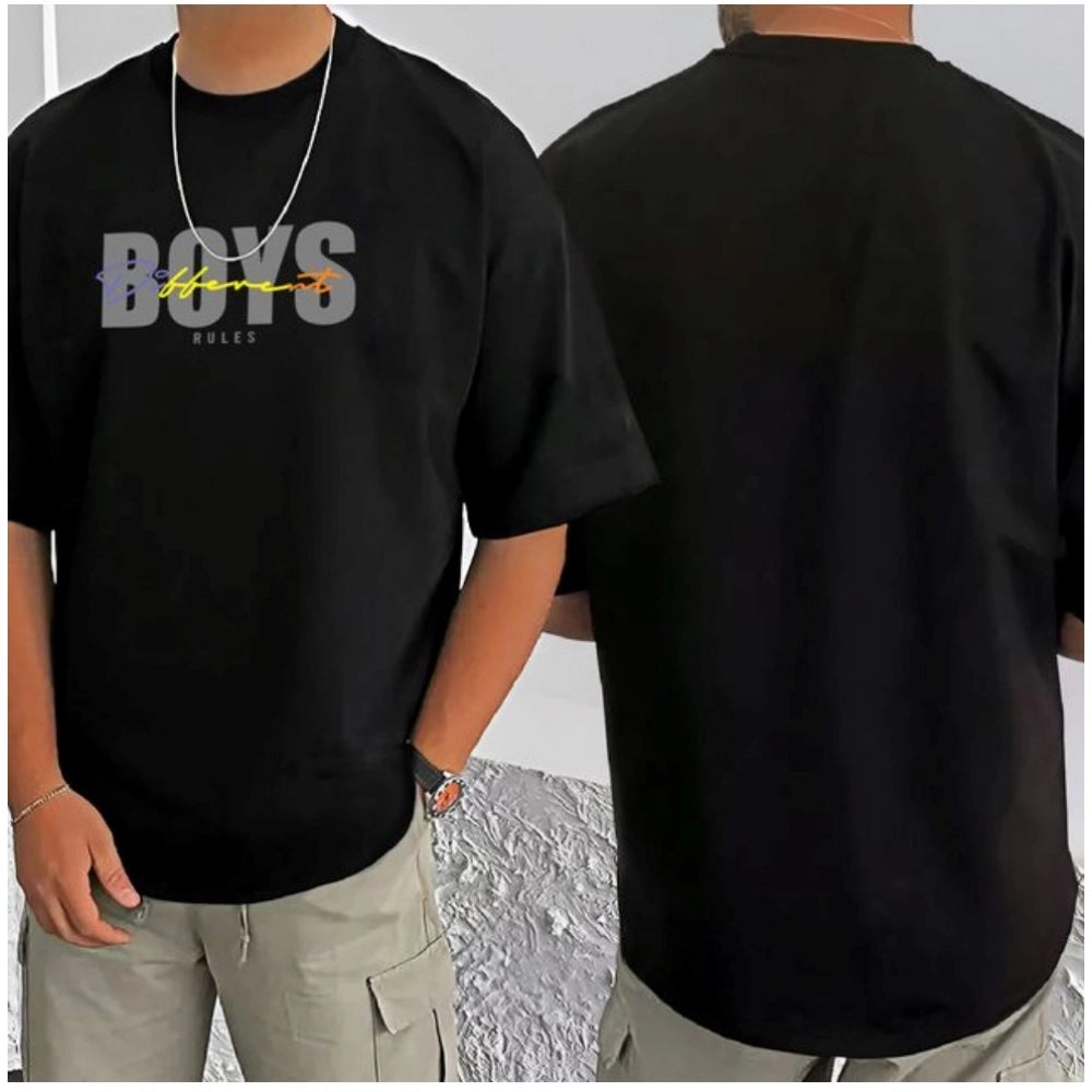 Amfyn Men's Casual Cotton Blend Printed Round Neck Half Sleeve T-Shirt (Black)