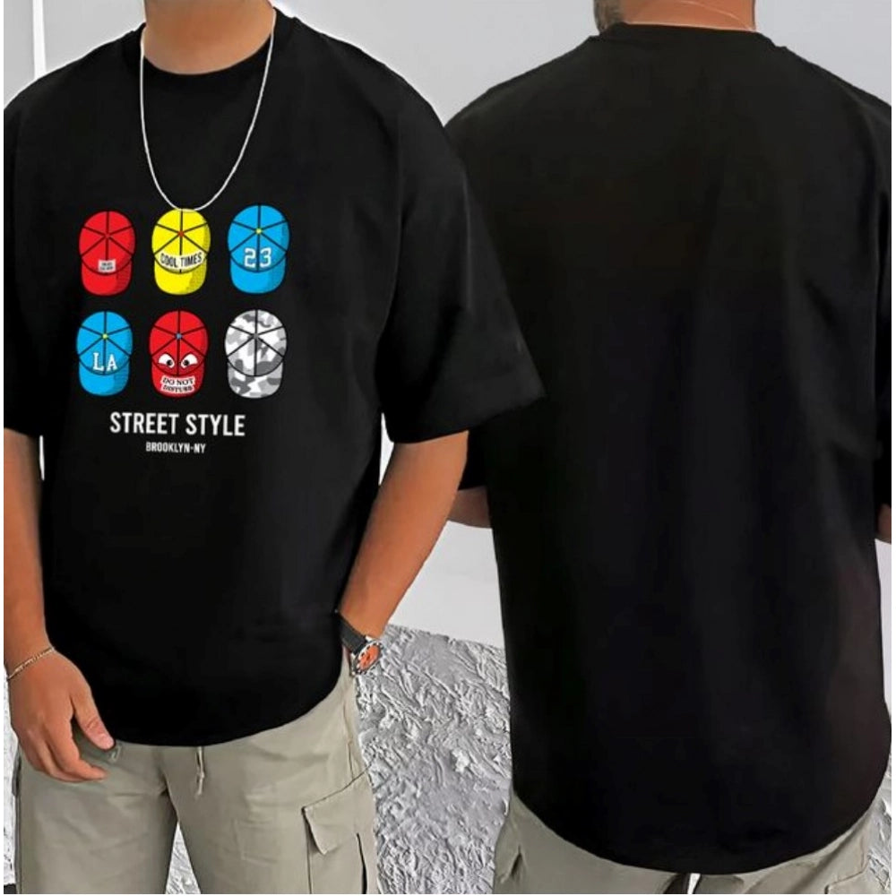 Amfyn Men's Casual Cotton Blend Printed Round Neck Half Sleeve T-Shirt (Black)