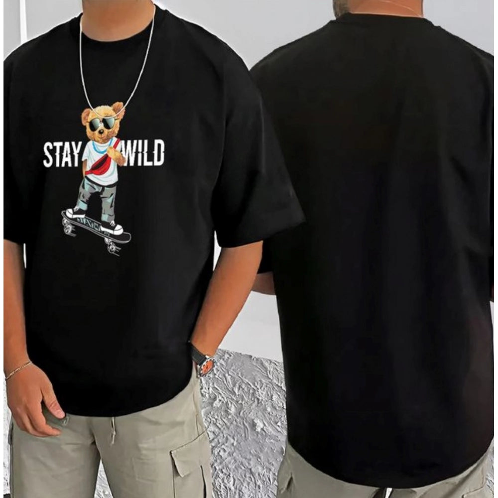 Amfyn Men's Casual Cotton Blend Printed Round Neck Half Sleeve T-Shirt (Black)