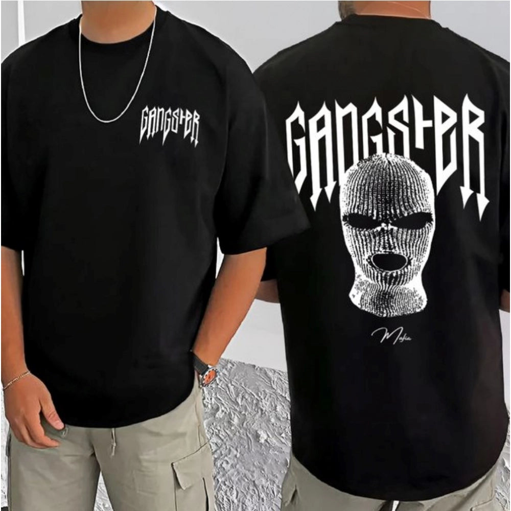 Amfyn Men's Casual Cotton Blend Printed Round Neck Half Sleeve T-Shirt (Black)