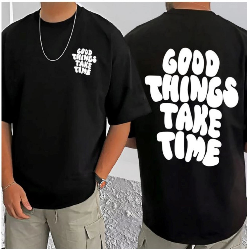 Amfyn Men's Casual Cotton Blend Printed Round Neck Half Sleeve T-Shirt (Black)