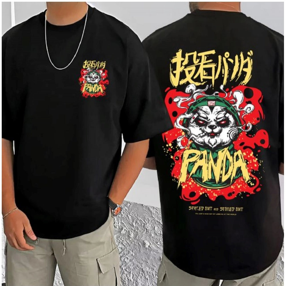 Amfyn Men's Casual Cotton Blend Printed Round Neck Half Sleeve T-Shirt (Black)