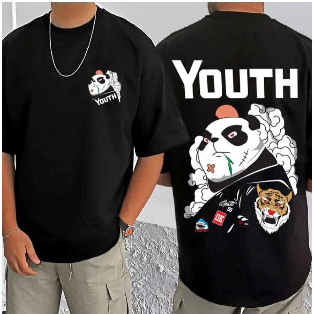 Amfyn Men's Casual Cotton Blend Printed Round Neck Half Sleeve T-Shirt (Black)