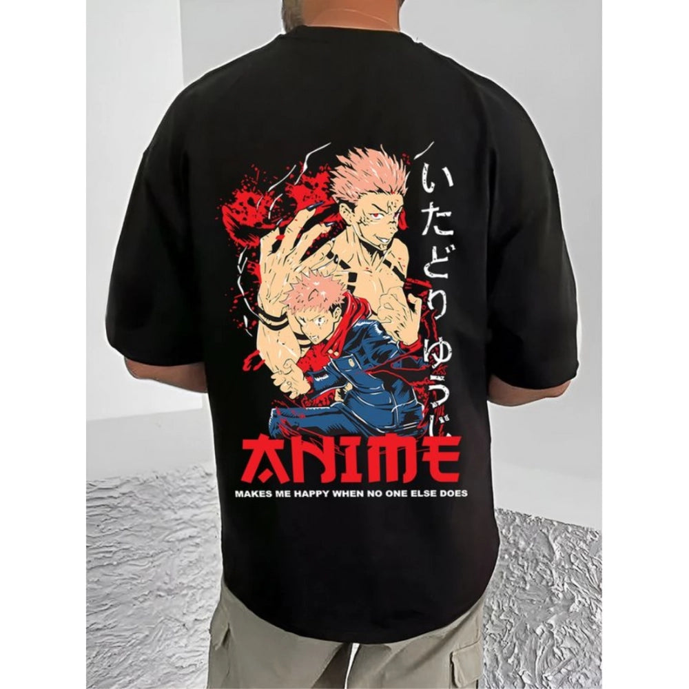 Amfyn Men's Casual Cotton Blend Printed Round Neck Half Sleeve T-Shirt (Black)