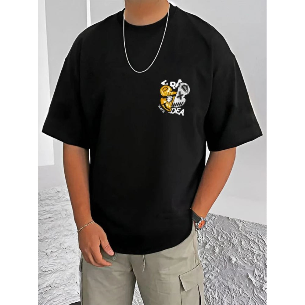 Amfyn Men's Casual Cotton Blend Printed Round Neck Half Sleeve T-Shirt (Black)