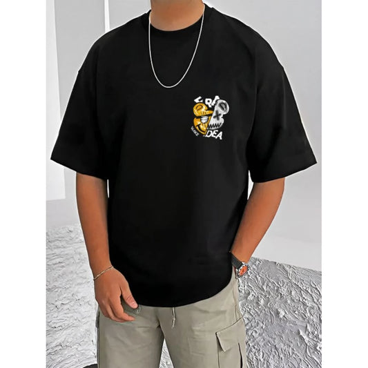 Amfyn Men's Casual Cotton Blend Printed Round Neck Half Sleeve T-Shirt (Black)