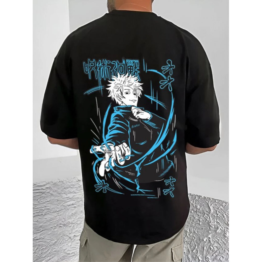 Amfyn Men's Casual Cotton Blend Printed Round Neck Half Sleeve T-Shirt (Black)